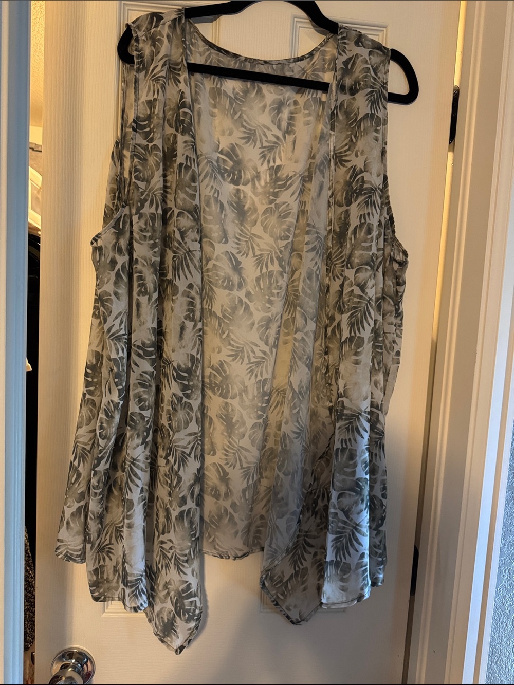 Sheer Tropical Print Open Front Vest — Gray Leaf Pattern